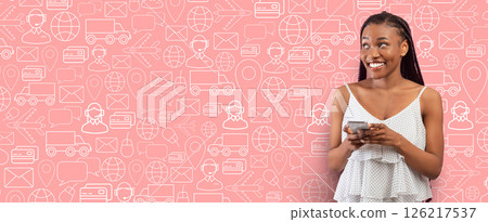 A satisfied buyer smiles while using a smartphone to shop online. The background features various icons related to e-commerce and delivery services, creating a vibrant atmosphere for commerce. A satisfied buyer smiles while using a smartphone to shop online. The background features various icons related to e-commerce and delivery services, creating a vibrant atmosphere for commerce. 126217537