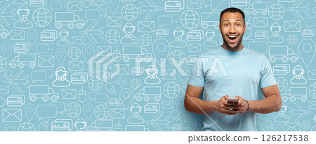 A joyful customer engages in online shopping on their smartphone, exploring various delivery services. 126217538