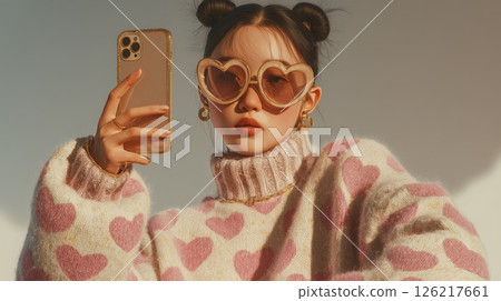 Fashionable young girl showcases unique style with heart-shaped sunglasses 126217661
