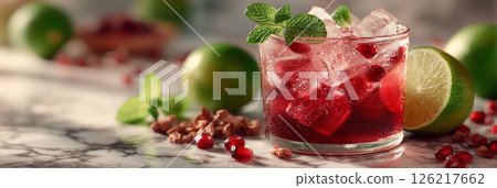 Refreshing hibiscus tea served with ice and lime slices on a sunny afternoon 126217662