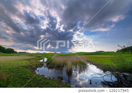 Exactly three months after the mountain burning, the evening scenery of the Soni Plateau is covered in fresh Japanese silver grass. From sunset to the beautiful sunset sky. 126217945