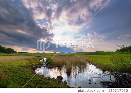 Exactly three months after the mountain burning, the evening scenery of the Soni Plateau is covered in fresh Japanese silver grass. From the sunset to the beautiful sunset sky. 126217950