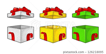 Open gift box with ribbon, bow and ray. Vector engraving 126218095