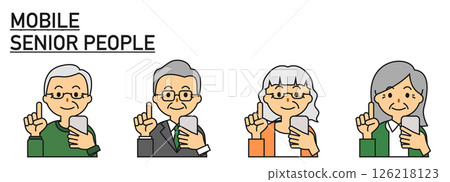 一群老人，老年男人和女人，微笑著操作智慧型手機 126218123