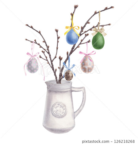 Easter bouquet of cherry branches decorated with colorful eggs in ceramic white decanter. Hand drawn watercolor illustration of clay pot for bouquet on isolated background. Happy easter concept. 126218268
