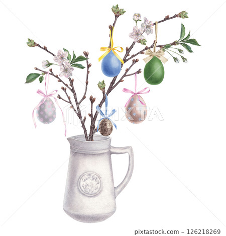 Blooming cherry branch in the vase, decorated with colorful eggs that hang on ribbons. Hand drawn watercolor illustration of ceramic white decanter clay with easter bouquet on isolated background. 126218269