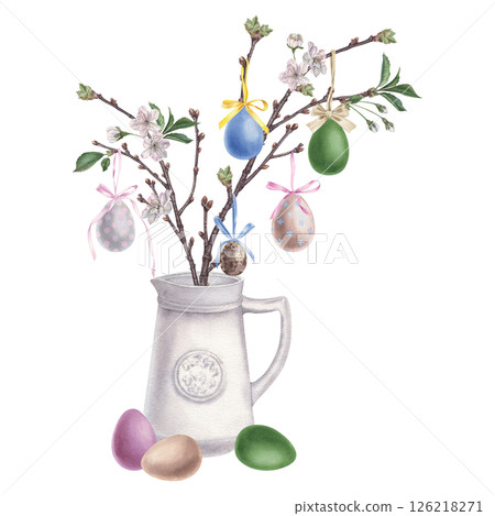 Blooming cherry branch in the vase, decorated with colorful eggs that hang on ribbons. Hand drawn watercolor illustration of ceramic white decanter clay with easter bouquet on isolated background. 126218271