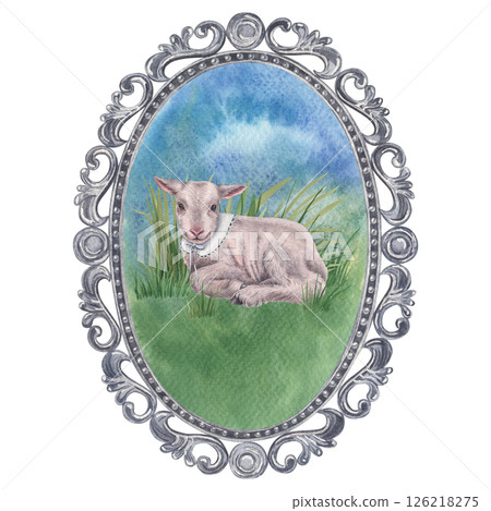 An elegant oval-shaped carved frame in which a small lamb lying on a green lawn. Hand drawn watercolor illustration of cute baby sheep on isolated background. Little farm animal for Easter decor. 126218275
