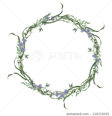 Wreath of wild herbs and flowers. Hand drawn watercolor illustration illustration of floral round frame on isolated background. Suitable for eco-branding, packaging, wedding design, botanical prints. Wreath of wild herbs and flowers. Hand drawn watercolor illustration illustration of floral round frame on isolated background. Suitable for eco-branding, packaging, wedding design, botanical prints. 126218281