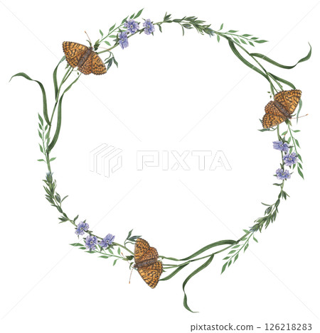 Wreath of wild herbs, tiny flowers and orange butterflies. Hand drawn watercolor illustration of floral round frame with insects on isolated background. For eco-branding, packaging, greeting cards. 126218283