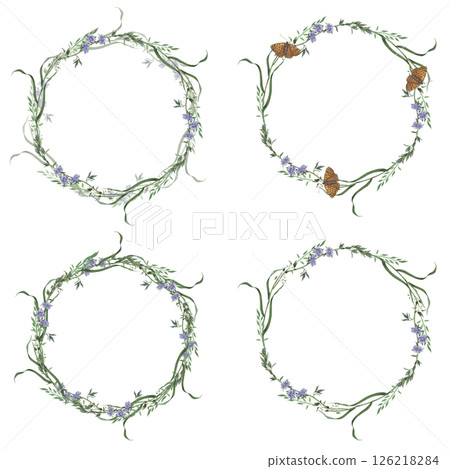 Veronica chamaedrys flowers and green grass blades. Hand drawn watercolor illustration on isolated background. Set of round wreaths perfect for wedding invitations, greeting cards, branding, packaging Veronica chamaedrys flowers and green grass blades. Hand drawn watercolor illustration on isolated background. Set of round wreaths perfect for wedding invitations, greeting cards, branding, packaging 126218284