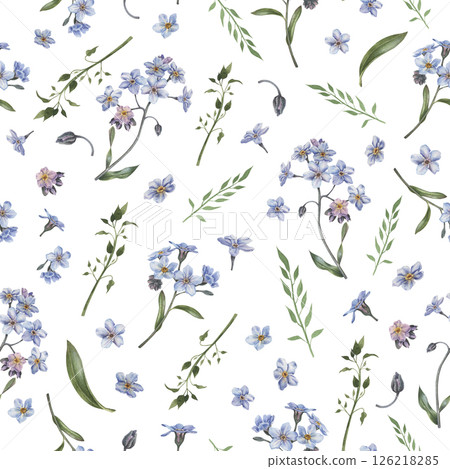Spring delicate blue forget-me-not flowers and grass blades. Botanical watercolor seamless pattern on white background, perfect for cards, wedding designs, botanical prints, textile and wallpapers. Spring delicate blue forget-me-not flowers and grass blades. Botanical watercolor seamless pattern on white background, perfect for cards, wedding designs, botanical prints, textile and wallpapers. 126218285