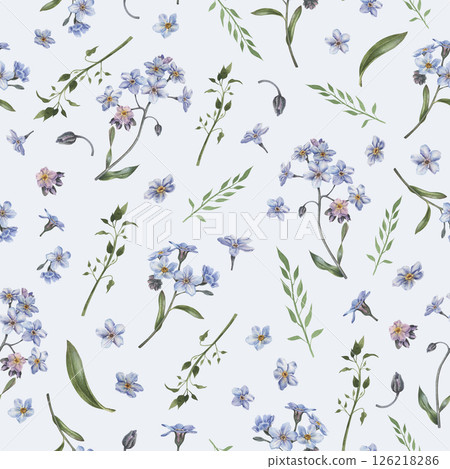 Seamless pattern with scattered randomly forget-me-not flowers. Abstract artistic wild floral print on blue isolated background. Watercolor hand drawing sketch. Design for fabric, textiles, packaging. Seamless pattern with scattered randomly forget-me-not flowers. Abstract artistic wild floral print on blue isolated background. Watercolor hand drawing sketch. Design for fabric, textiles, packaging. 126218286