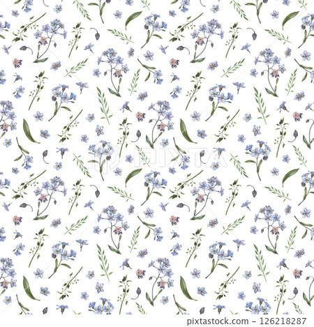 Spring delicate blue forget-me-not flowers and grass blades. Botanical watercolor seamless pattern on white background, perfect for cards, wedding designs, botanical prints, textile and wallpapers. Spring delicate blue forget-me-not flowers and grass blades. Botanical watercolor seamless pattern on white background, perfect for cards, wedding designs, botanical prints, textile and wallpapers. 126218287
