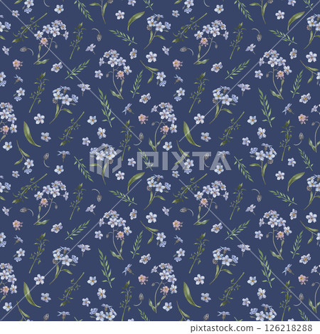 Seamless pattern with blooming forget-me-not flowers. Hand drawn watercolor illustration isolated on dark blue background. For greeting cards, wedding designs, botanical prints, textile and wallpapers Seamless pattern with blooming forget-me-not flowers. Hand drawn watercolor illustration isolated on dark blue background. For greeting cards, wedding designs, botanical prints, textile and wallpapers 126218288