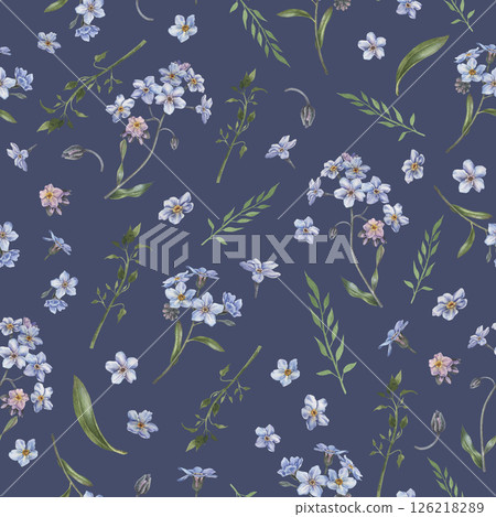 Seamless pattern with blooming forget-me-not flowers. Hand drawn watercolor illustration isolated on dark blue background. For greeting cards, wedding designs, botanical prints, textile and wallpapers Seamless pattern with blooming forget-me-not flowers. Hand drawn watercolor illustration isolated on dark blue background. For greeting cards, wedding designs, botanical prints, textile and wallpapers 126218289