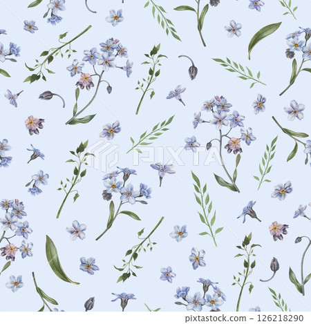Seamless pattern with scattered randomly forget-me-not flowers. Abstract artistic wild floral print on blue isolated background. Watercolor hand drawing sketch. Design for fabric, textiles, packaging. Seamless pattern with scattered randomly forget-me-not flowers. Abstract artistic wild floral print on blue isolated background. Watercolor hand drawing sketch. Design for fabric, textiles, packaging. 126218290