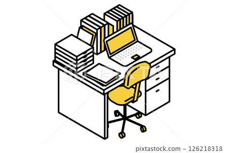 簡單可愛的等距線描插圖,描繪了一台筆記型電腦和一張堆滿文件和材料的桌子 簡單可愛的等距線描插圖,描繪了一台筆記型電腦和一張堆滿文件和材料的桌子 126218318