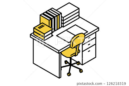 A simple and cute isometric line drawing illustration of a study desk with books lined up 126218319