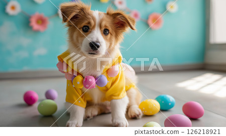Cute dog in colorful costume surrounded by pastel eggs 126218921