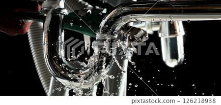 Plumber used wrench to tighten loose nut on water drain pipe under kitchen sink. Hand glove hold special tool to reach the leak behind wall and tighten to stop water leak 126218938