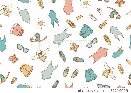 Colorful stylish summer seamless pattern of beach items and accessories in doodle style. Hand drawn beach holiday items. Vector illustration on white background 126219009