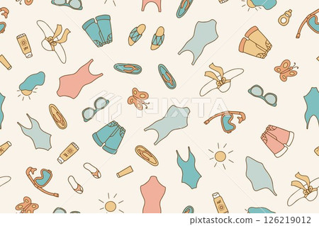Colorful stylish summer seamless pattern of beach clothes and accessories in doodle style. Hand drawn beach holiday items. Vector illustration 126219012
