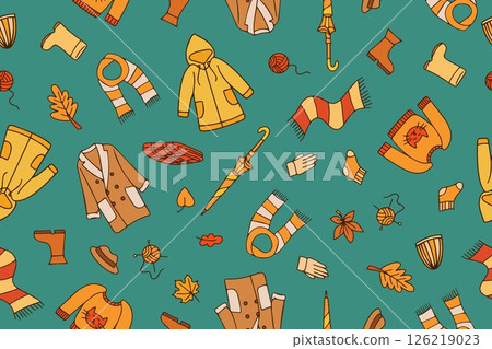 Warm autumn clothes seamless pattern. Knitted sweater, hat, scarf, socks. Cozy bright colorful autumn background in doodle style. Vector Warm autumn clothes seamless pattern. Knitted sweater, hat, scarf, socks. Cozy bright colorful autumn background in doodle style. Vector 126219023