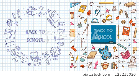 School banner with doodles drawn with pen on a sheet of squared notebook paper. Back to school plain and colored banners. Sets of colorful hand-drawn stationery and school supplies. School banner with doodles drawn with pen on a sheet of squared notebook paper. Back to school plain and colored banners. Sets of colorful hand-drawn stationery and school supplies. 126219026