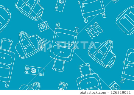 Seamless pattern of suitcases, bags, backpacks for travel in doodle style on blue background. Hand drawn linear icons of luggage. Vector illustration 126219031
