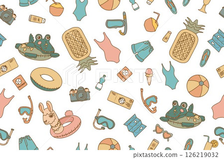 Stylish summer seamless pattern of beach items and accessories in doodle style. Hand drawn beach holiday and travel items on white background. Vector illustration 126219032
