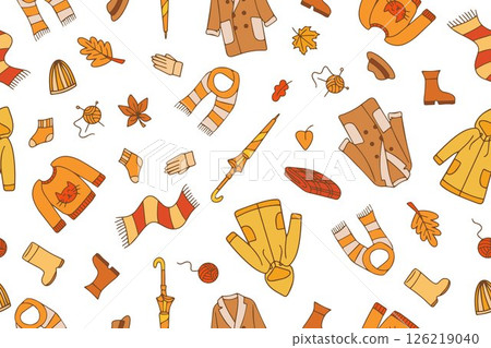 Warm autumn clothes seamless pattern. Knitted sweater, hat, scarf, socks. Cozy autumn background in doodle style 126219040