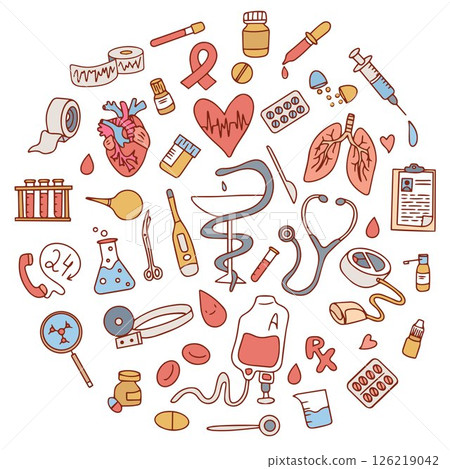 Hand drawn set of nurse and medical supplies icons in doodle style. Hand drawn Medicines, medical products and devices. Vector 126219042