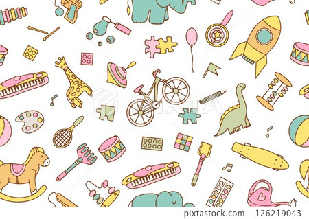 Seamless pattern with children's toys on a white background. Design for wrapping paper, textile, children's clothing, wallpaper, packaging. Vector illustration 126219043