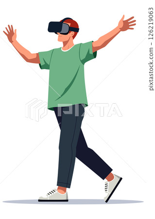 Man Wearing VR Headset Interacting with Virtual Interface 126219063