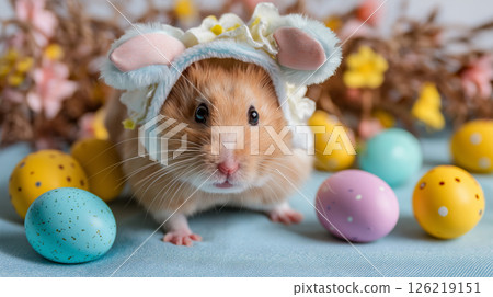Cute hamster dressed in an adorable costume surrounded by colorful eggs 126219151