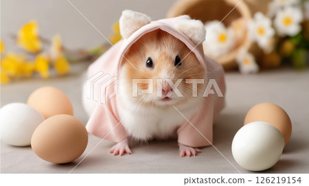 Cute hamster dressed in an adorable costume surrounded by eggs and flowers 126219154