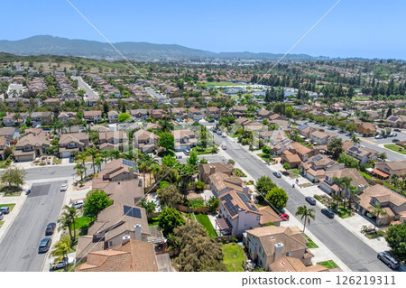 Aerial view of San Marcos neighborhood, with houses and street. South California 126219311