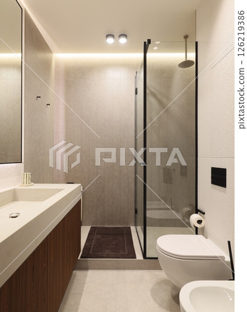 Sleek and Stylish Modern Bathroom Design Featuring a Luxurious Glass Shower Area Inside Sleek and Stylish Modern Bathroom Design Featuring a Luxurious Glass Shower Area Inside 126219386