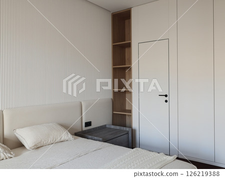 Experience the beauty of Modern Minimalist Bedroom Design featuring calming Neutral Tones Experience the beauty of Modern Minimalist Bedroom Design featuring calming Neutral Tones 126219388