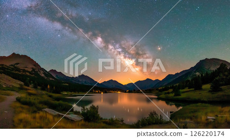 Panoramic view of the Milky Way over mountains and lake at night 126220174