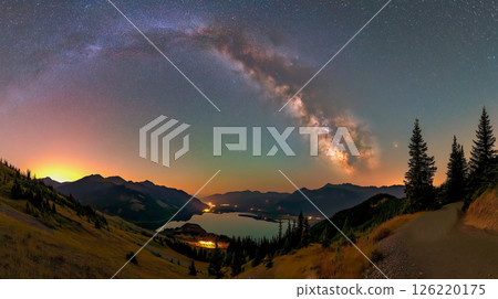 Stunning panorama of the Milky Way over a serene mountain lake at night Stunning panorama of the Milky Way over a serene mountain lake at night 126220175