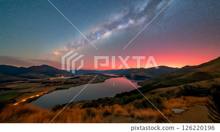 Starlit Milky Way over serene New Zealand landscape with lake and mountains Starlit Milky Way over serene New Zealand landscape with lake and mountains 126220196