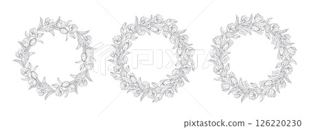 Black and white line art tulip flower wreaths set isolated on white background. Monochrome spring floral frame templates bundle for cards 126220230