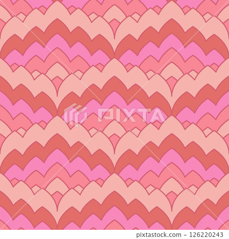 Seamless pattern with monochrome pastel pink geometric flame stitch style motifs. Retro wave repeat background. Zig zag vintage wallpaper 126220243
