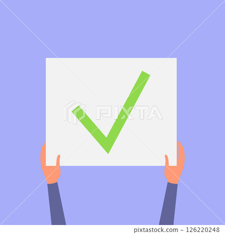 Human hand holding board with green approved sign for voting. Green confirmed mark Human hand holding board with green approved sign for voting. Green confirmed mark 126220248