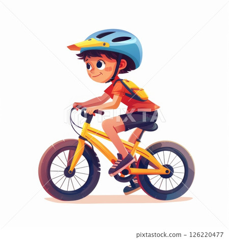 A boy is riding a bicycle. 126220477