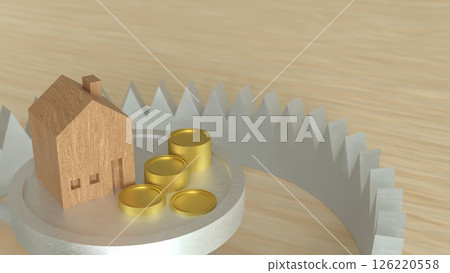 The Wood House and coins on trap for property concept 3d Rendering. 126220558