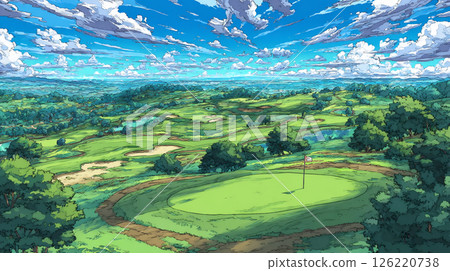 藍天綠樹環繞的高爾夫球場景觀插圖 126220738