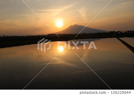夕陽映照在稻田和岩木山上 夕陽映照在稻田和岩木山上 126220844
